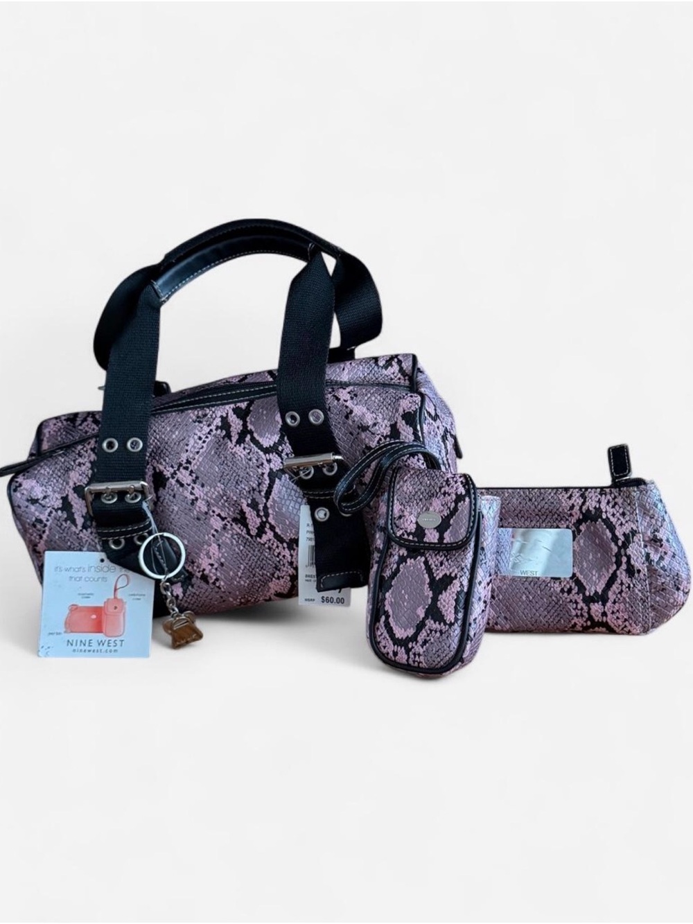 Nine West Purple Snakeskin Satchel with Strap and Pouch- 3 Piece Set